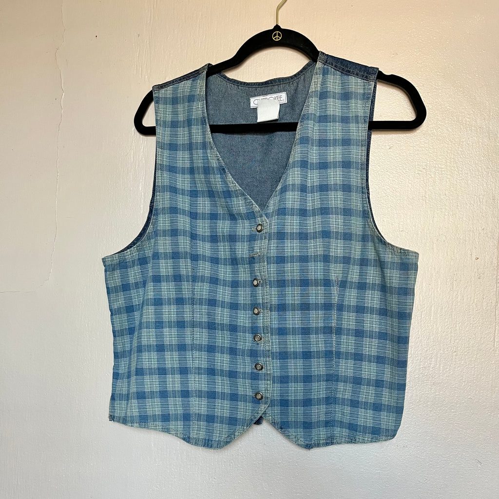 (M) 90s plaid button up denim vest