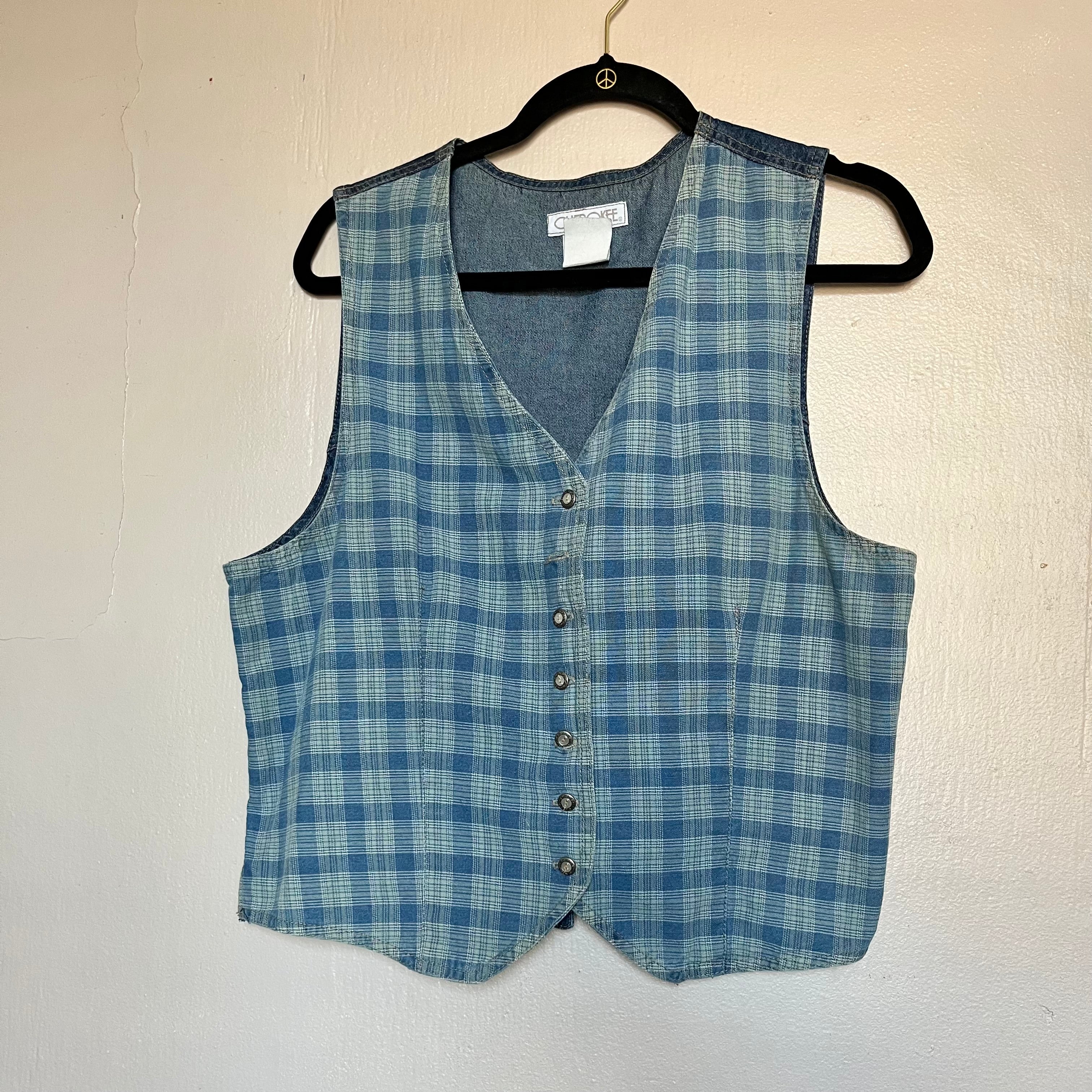 (M) 90s plaid button up denim vest