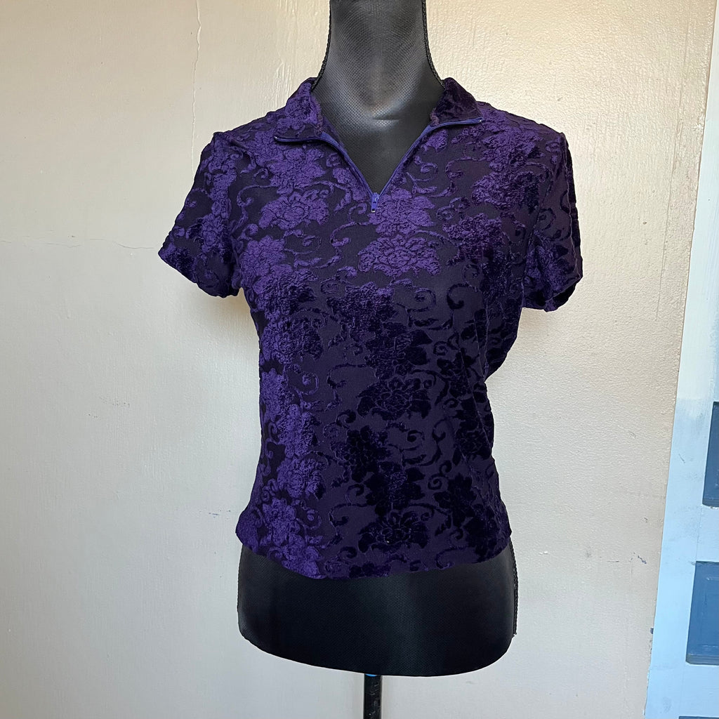 (S) Dark purple floral mesh mock neck top with zipper