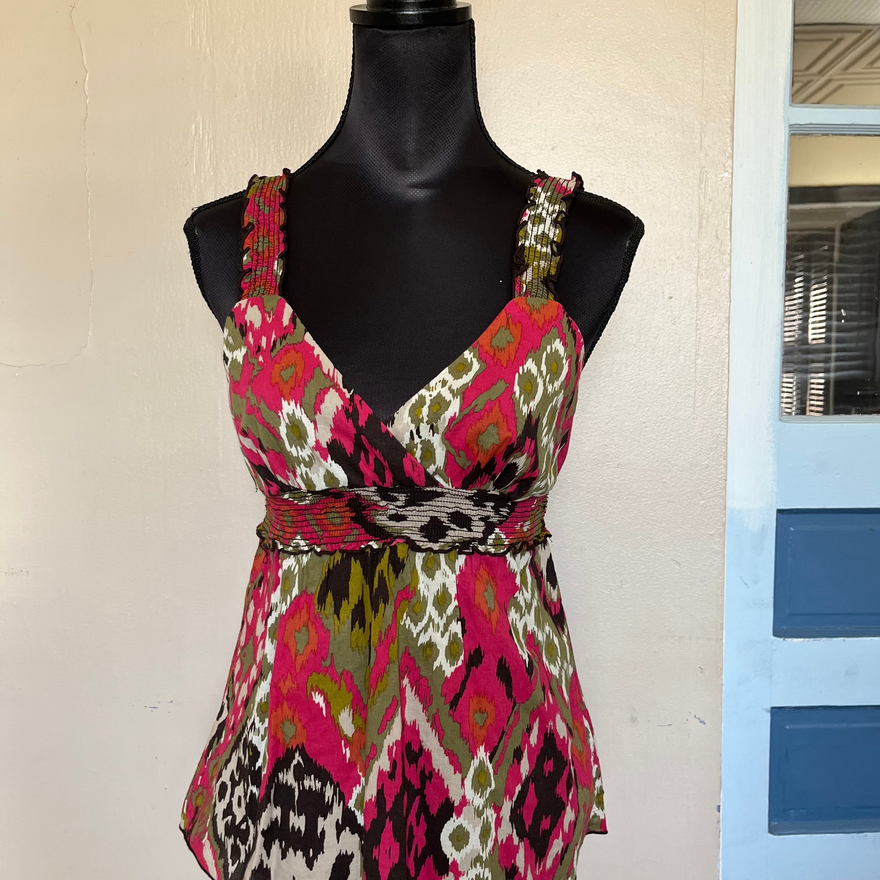 (M) 2000s BCX earthy boho green and pink abstract print tank top