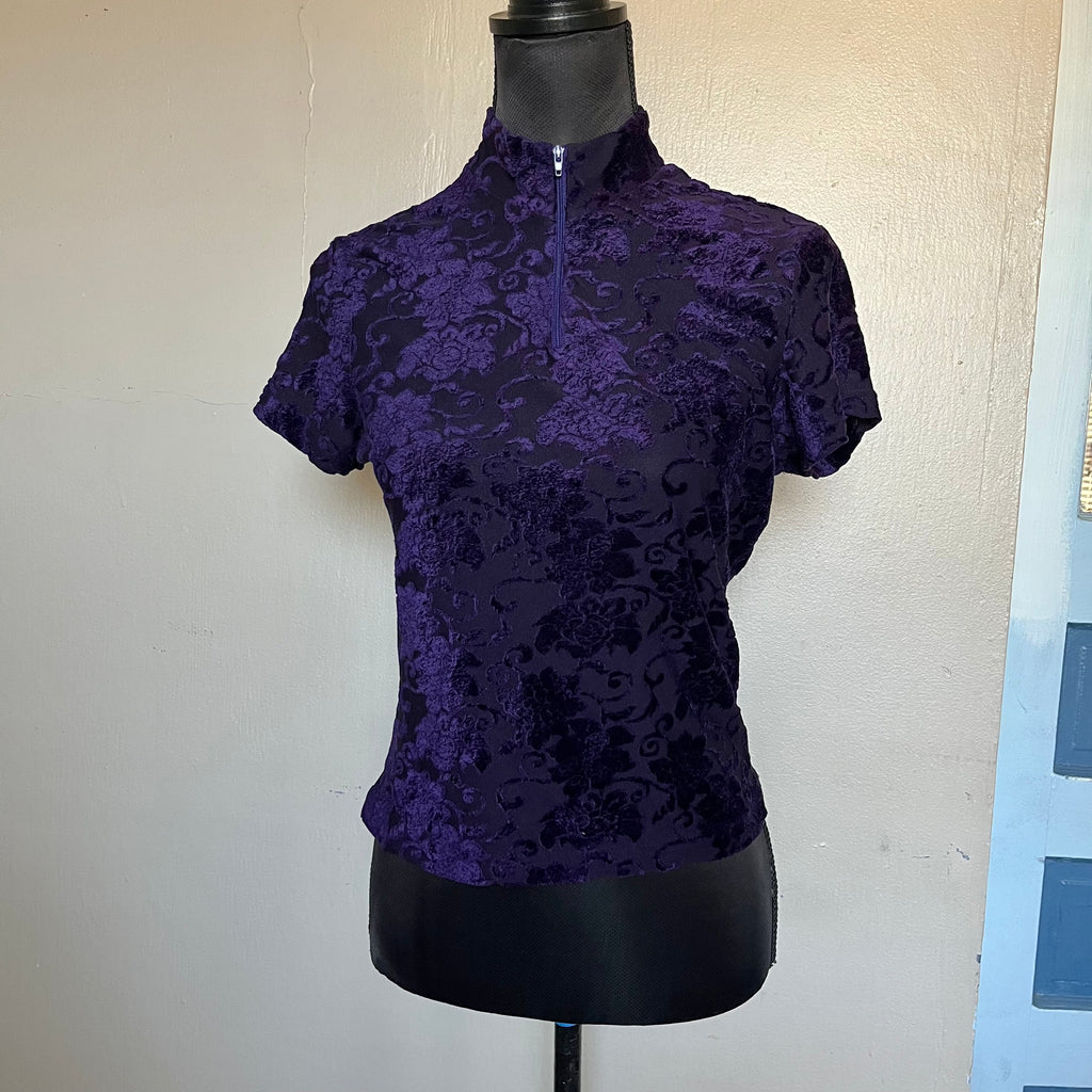(S) Dark purple floral mesh mock neck top with zipper