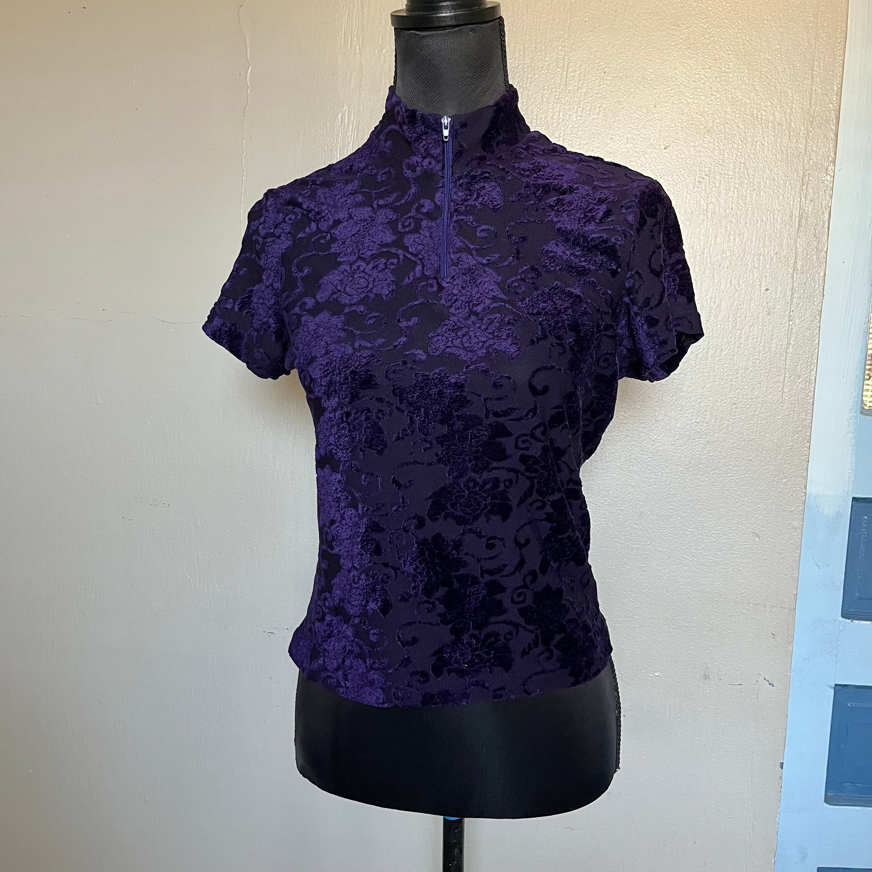 (S) Dark purple floral mesh mock neck top with zipper