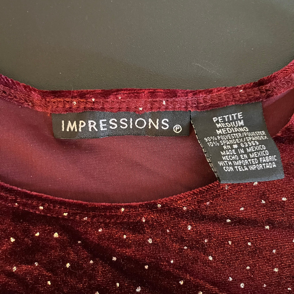 (Petite M) 90s whimsygoth bedazzled glitter burgundy velvet flare sleeve top