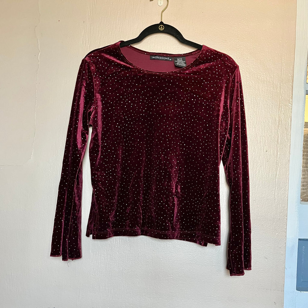 (Petite M) 90s whimsygoth bedazzled glitter burgundy velvet flare sleeve top