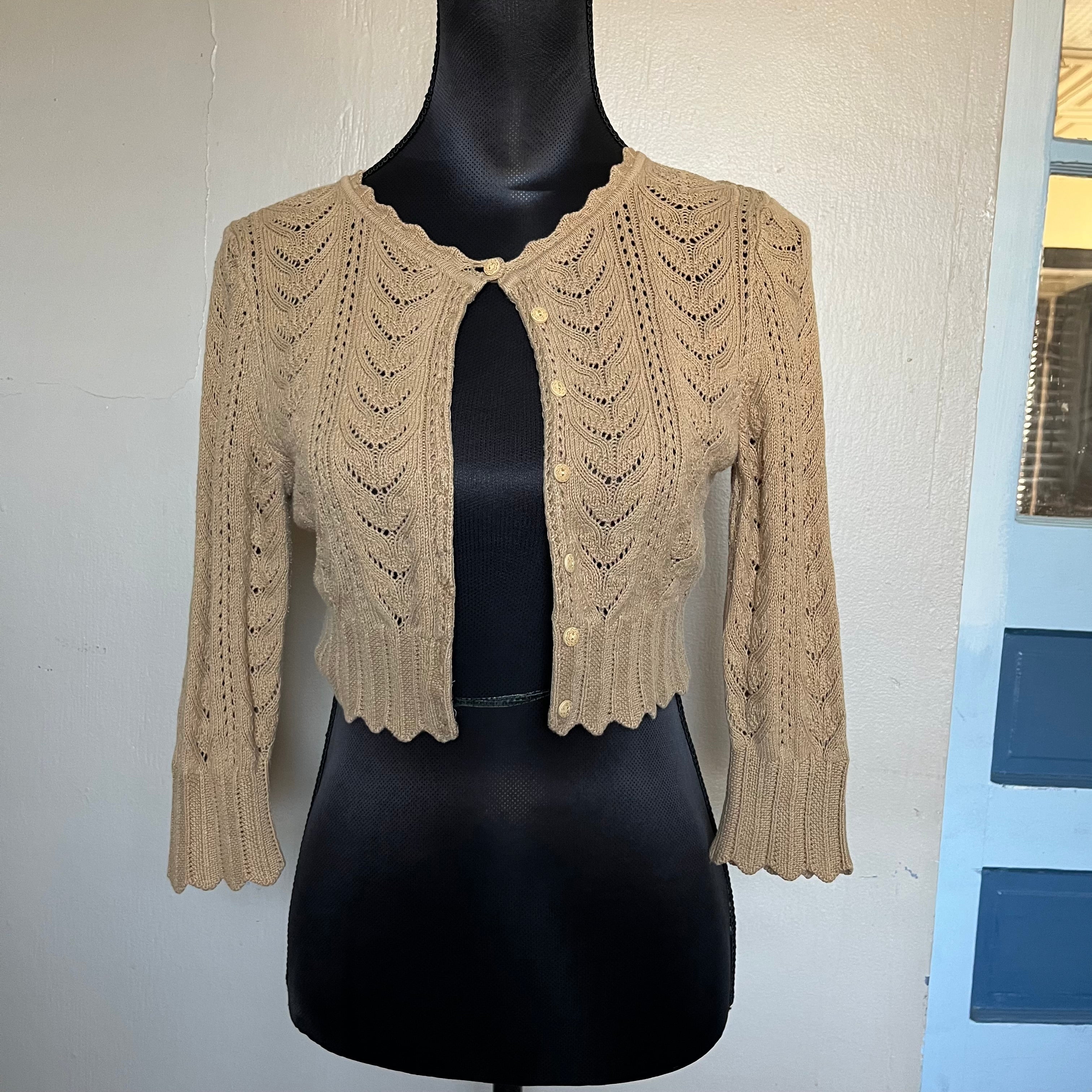 (S) Express tan pointelle knit cropped cardigan sweater