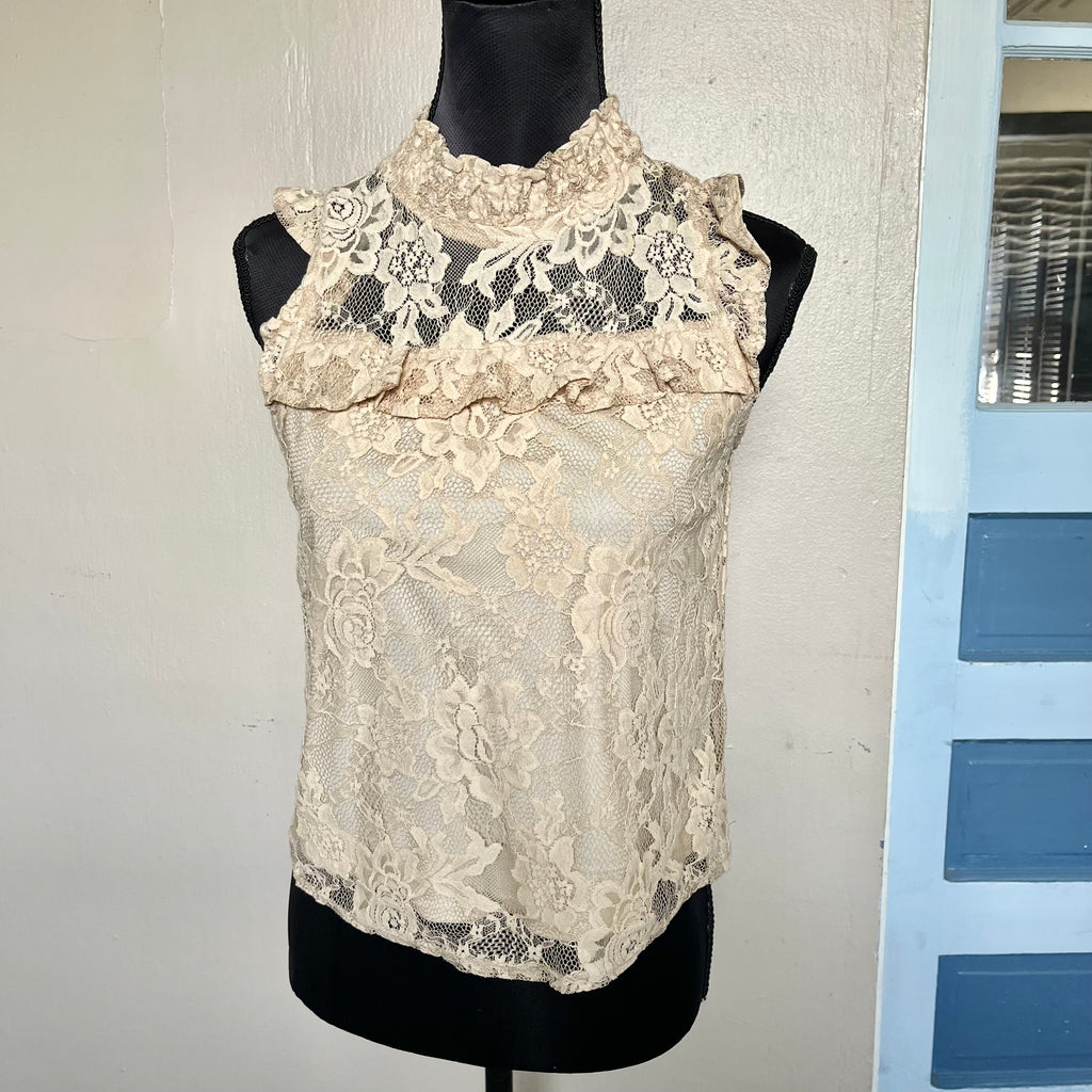 (S) Cream high neck floral lace blouse