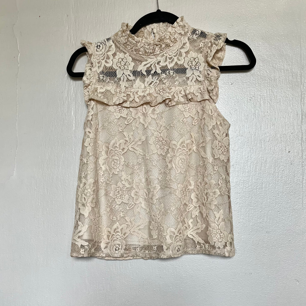 (S) Cream high neck floral lace blouse