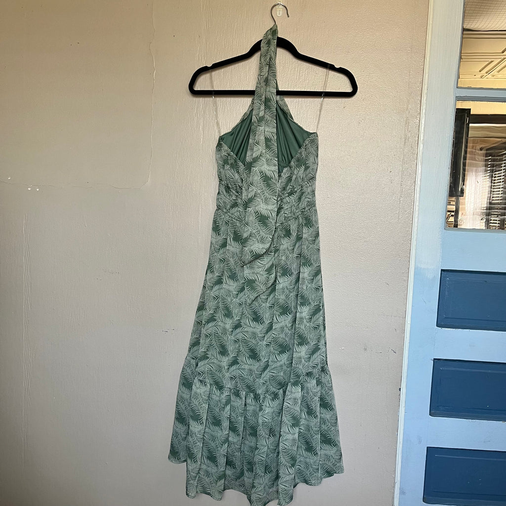 (M) Trixxi green tropical backless halter maxi dress