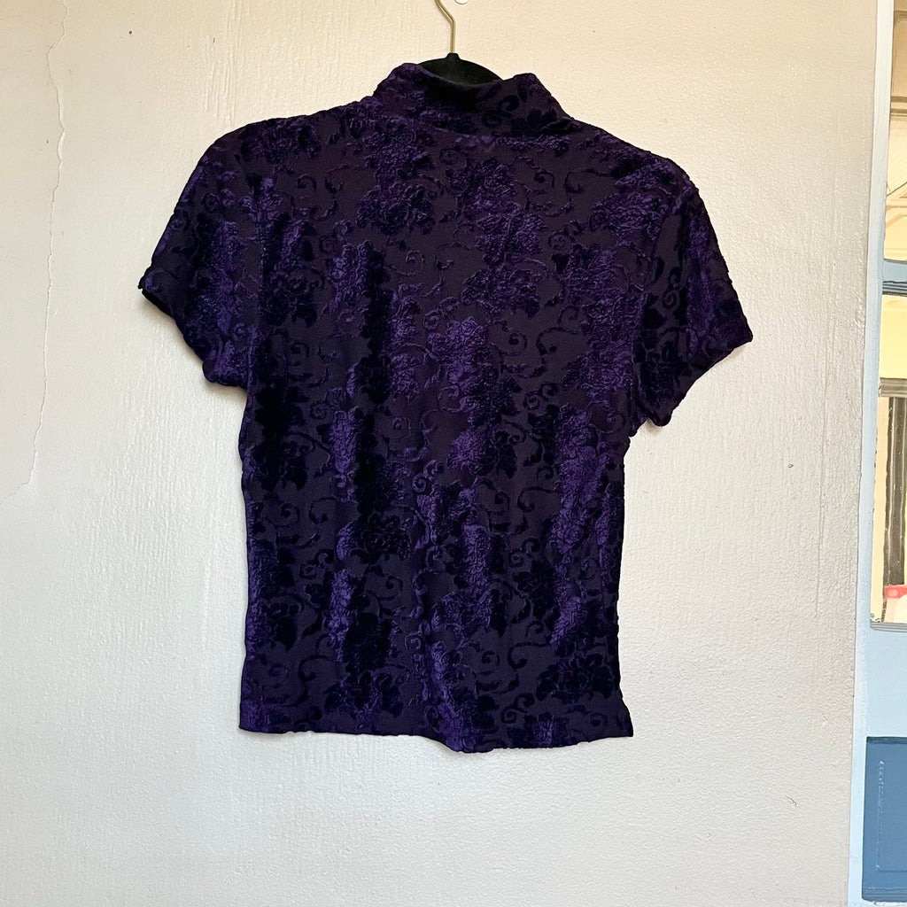 (S) Dark purple floral mesh mock neck top with zipper
