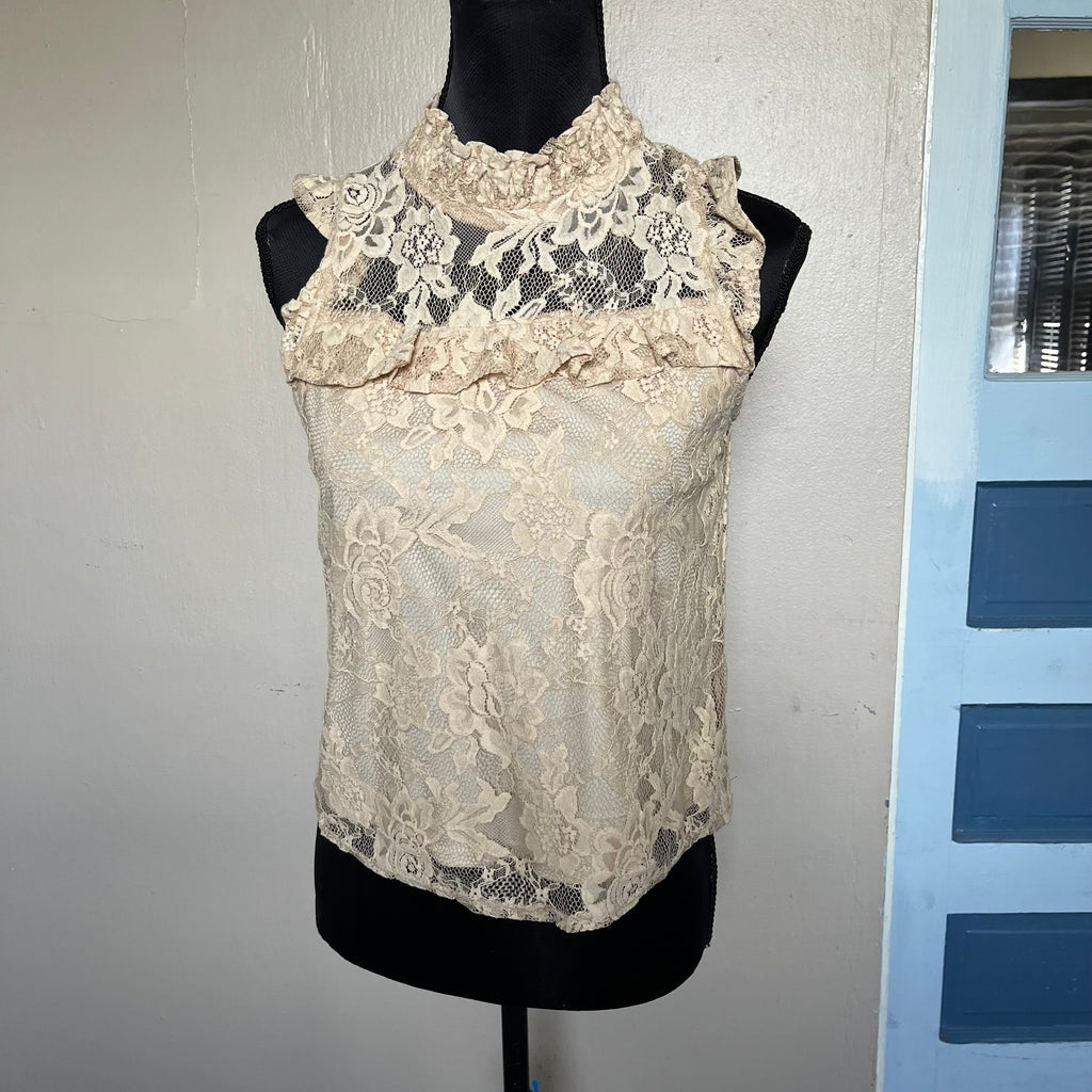 (S) Cream high neck floral lace blouse