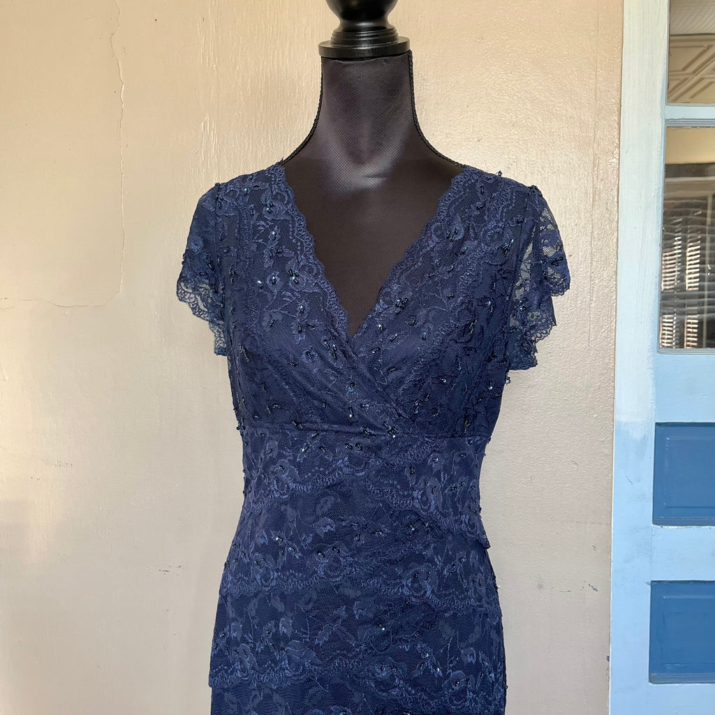 (L) Y2k navy blue beaded lace maxi dress