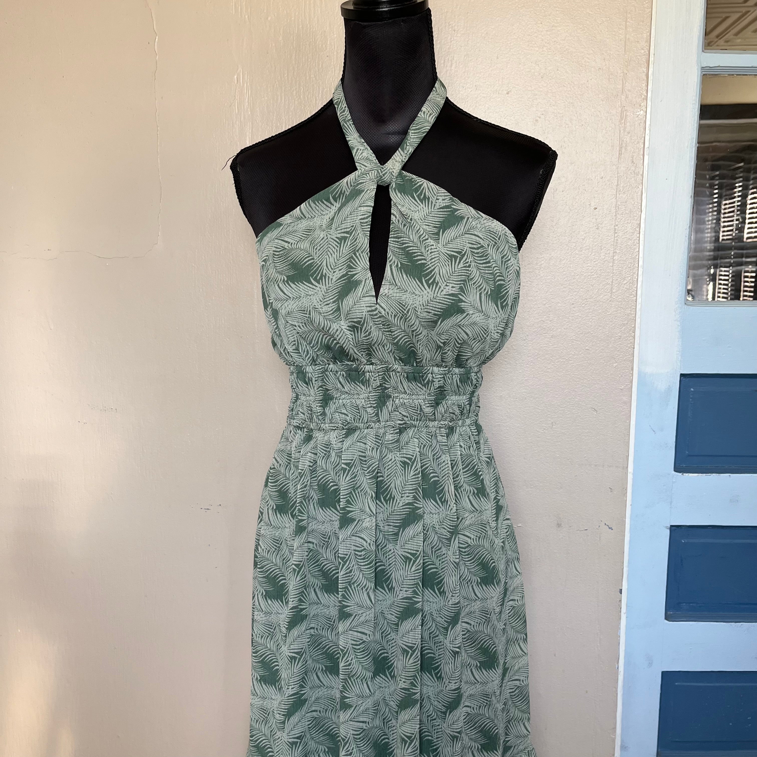 (M) Trixxi green tropical backless halter maxi dress