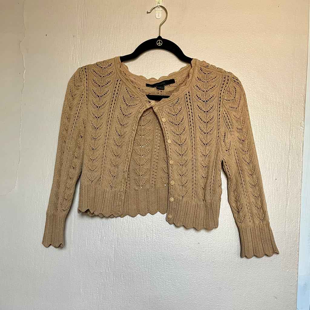 (S) Express tan pointelle knit cropped cardigan sweater