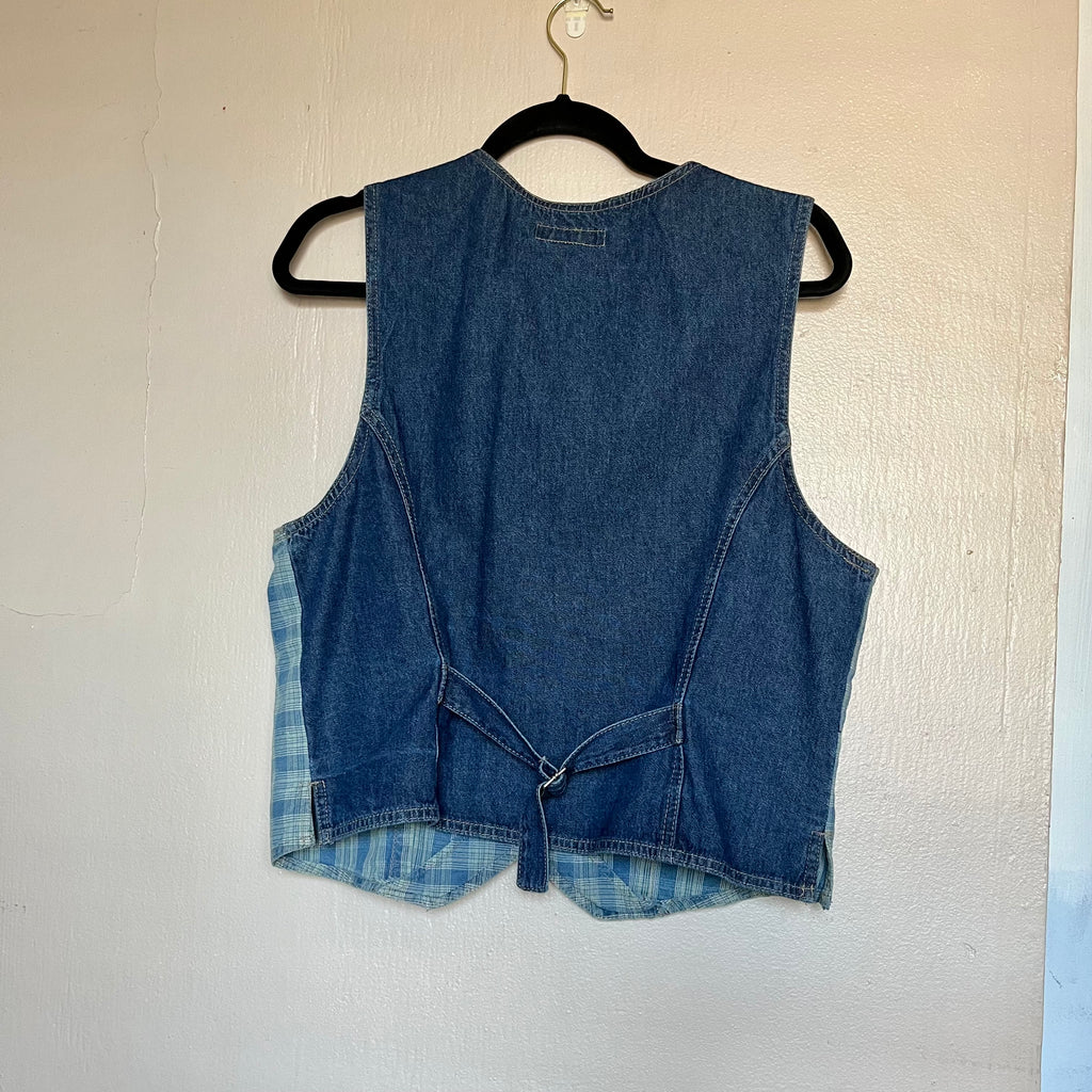 (M) 90s plaid button up denim vest