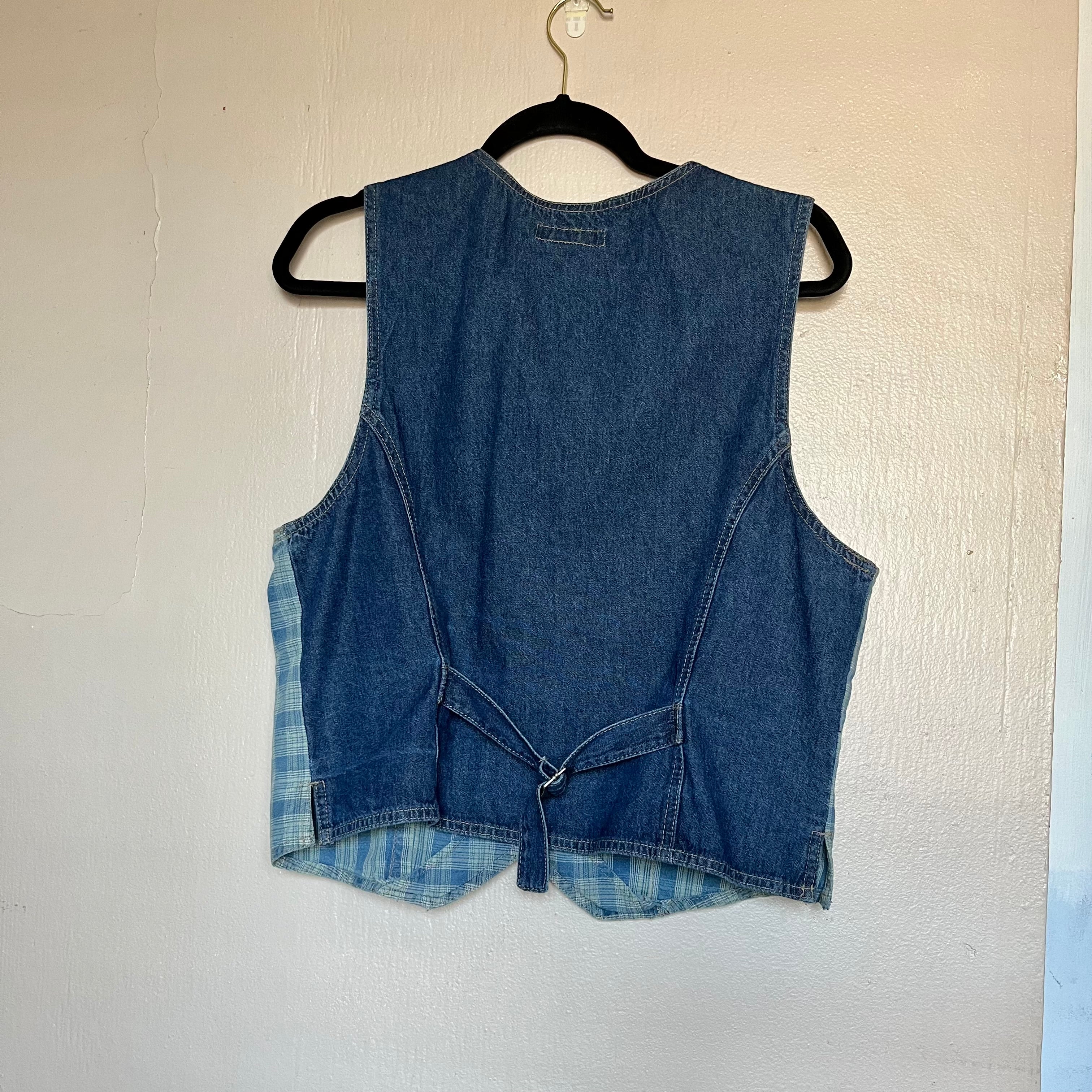 (M) 90s plaid button up denim vest