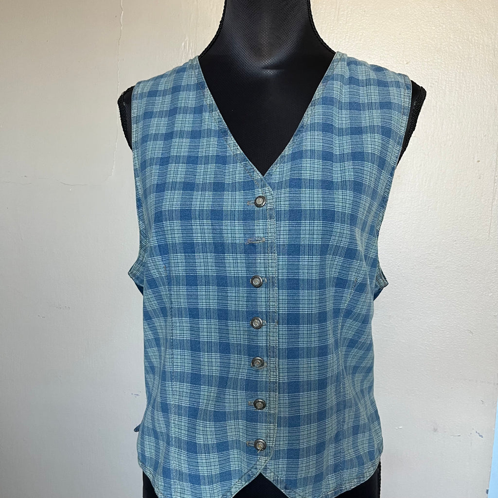 (M) 90s plaid button up denim vest