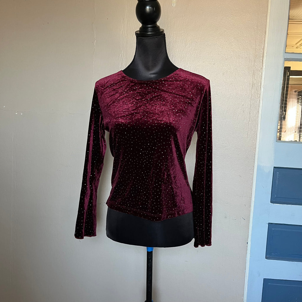 (Petite M) 90s whimsygoth bedazzled glitter burgundy velvet flare sleeve top