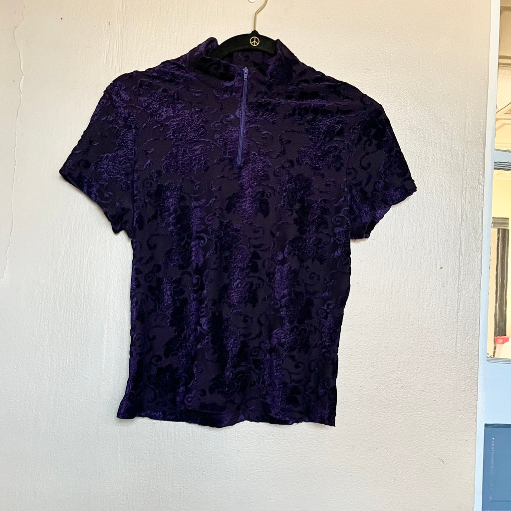 (S) Dark purple floral mesh mock neck top with zipper