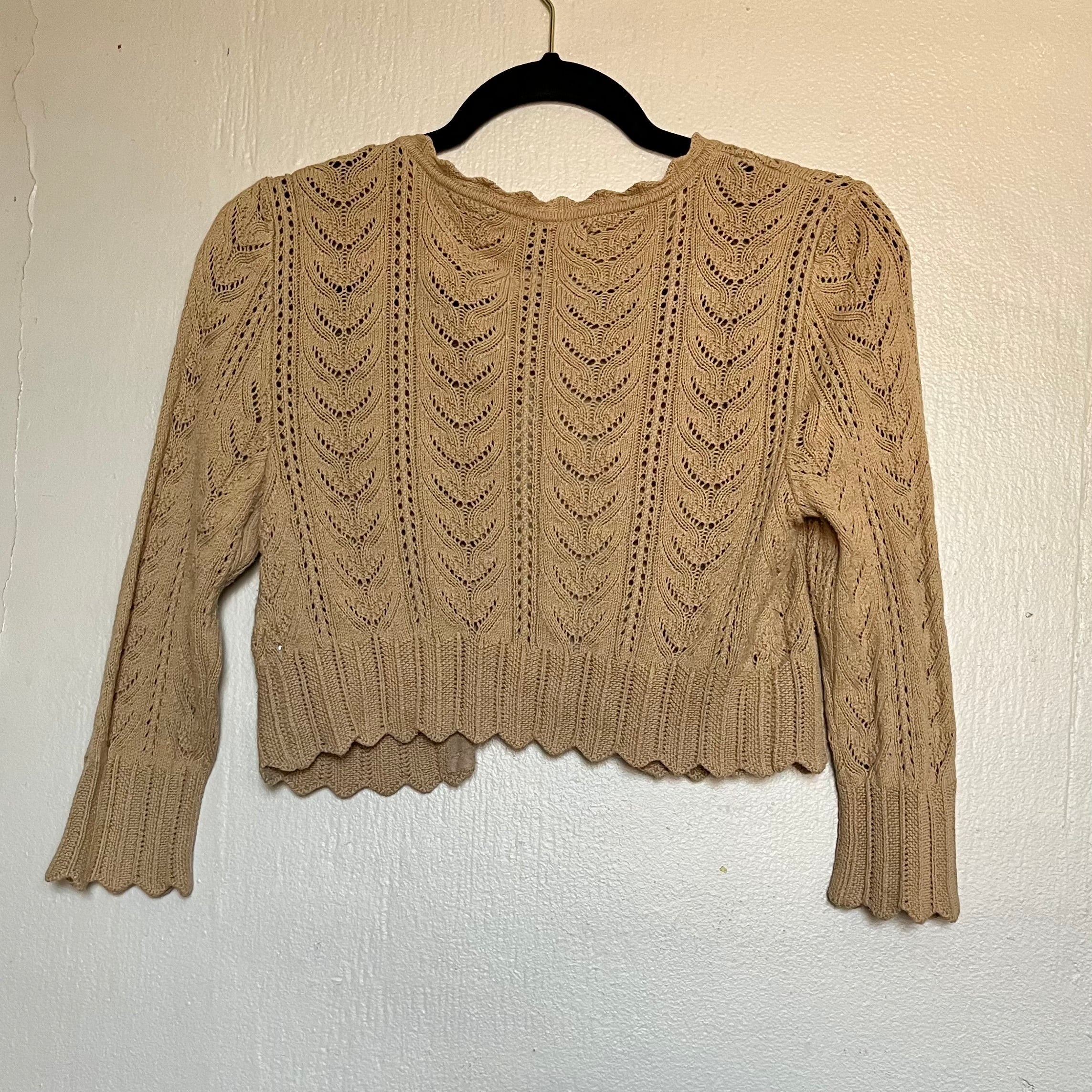 (S) Express tan pointelle knit cropped cardigan sweater