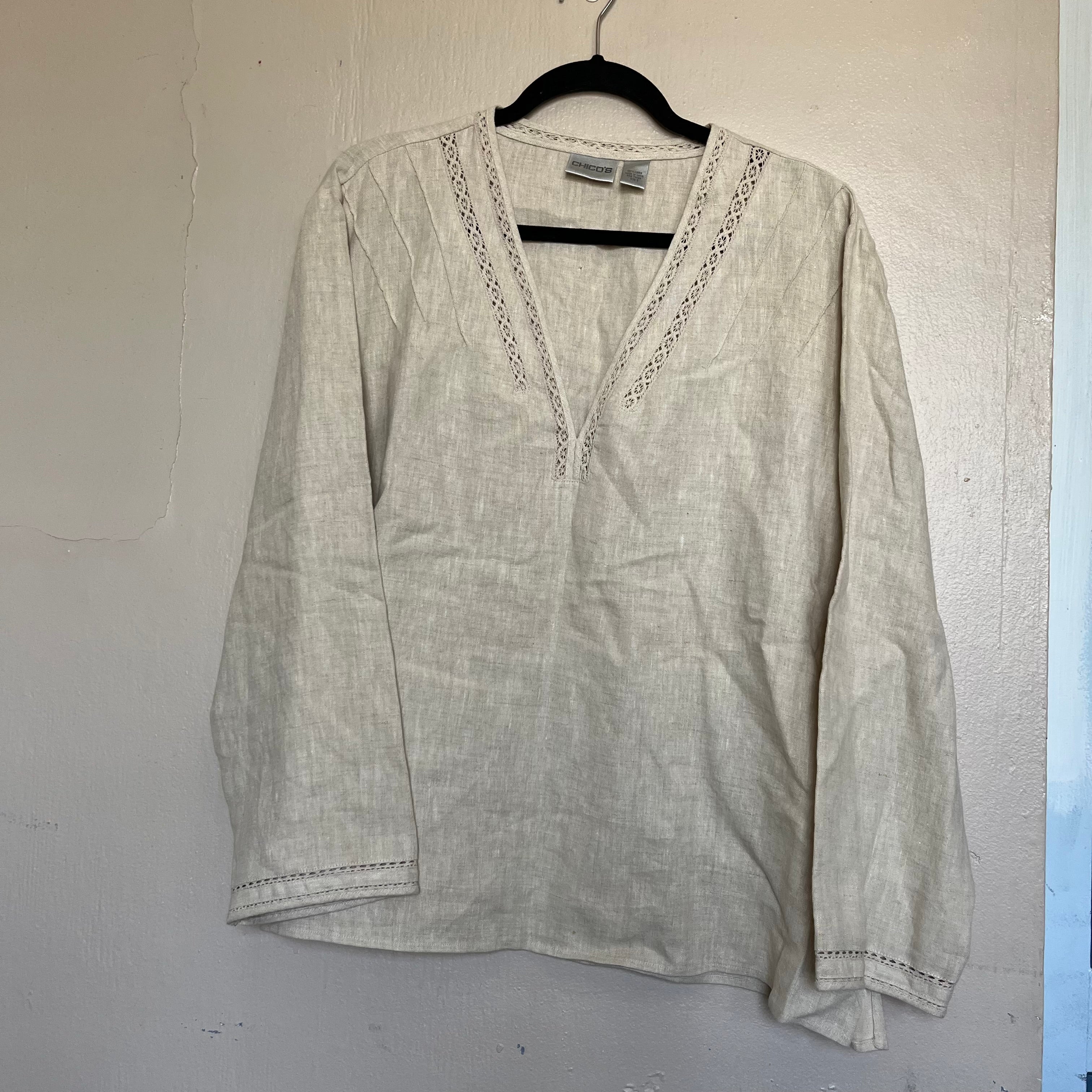 (XL) Chicos 100% linen cream v neck peasant top
