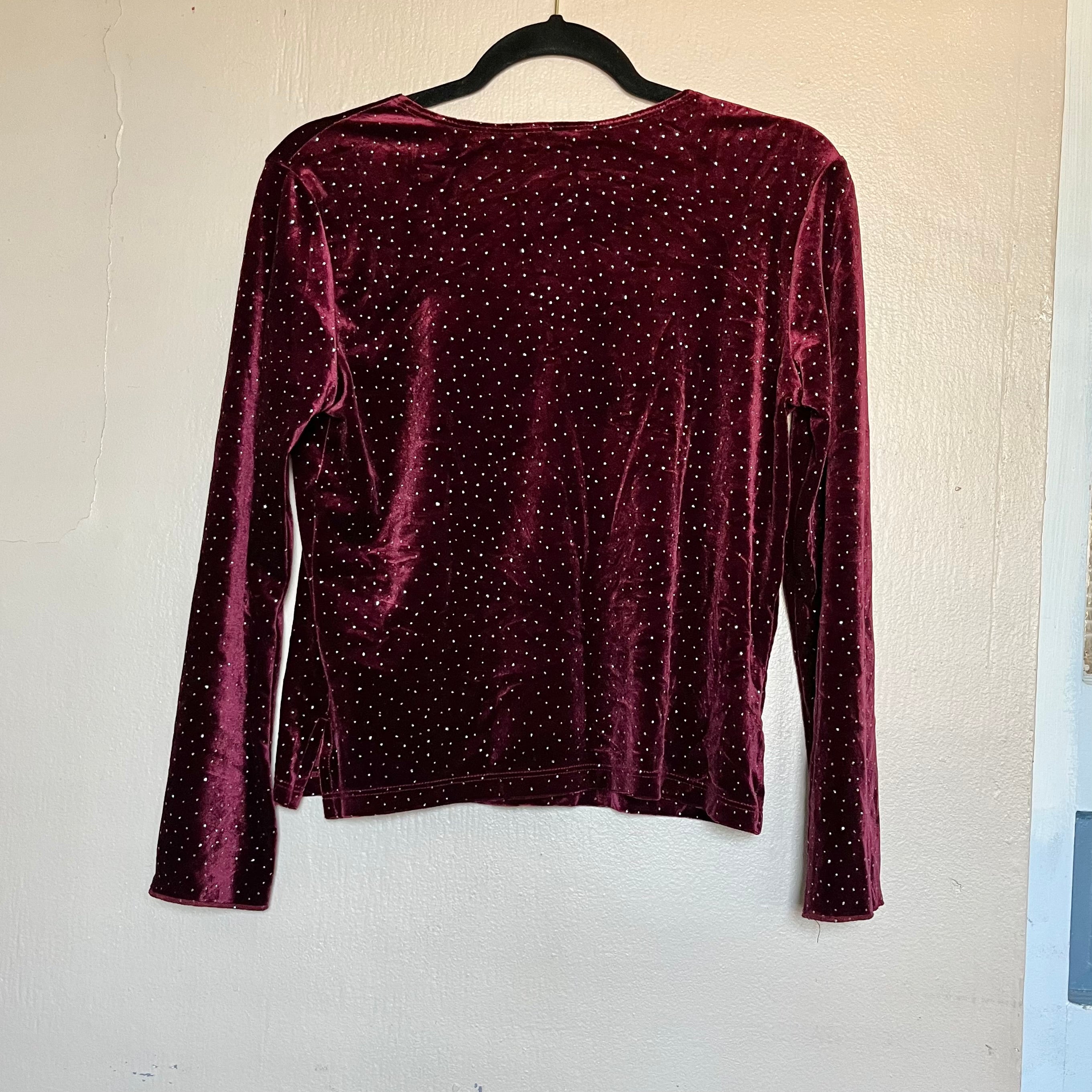 (Petite M) 90s whimsygoth bedazzled glitter burgundy velvet flare sleeve top