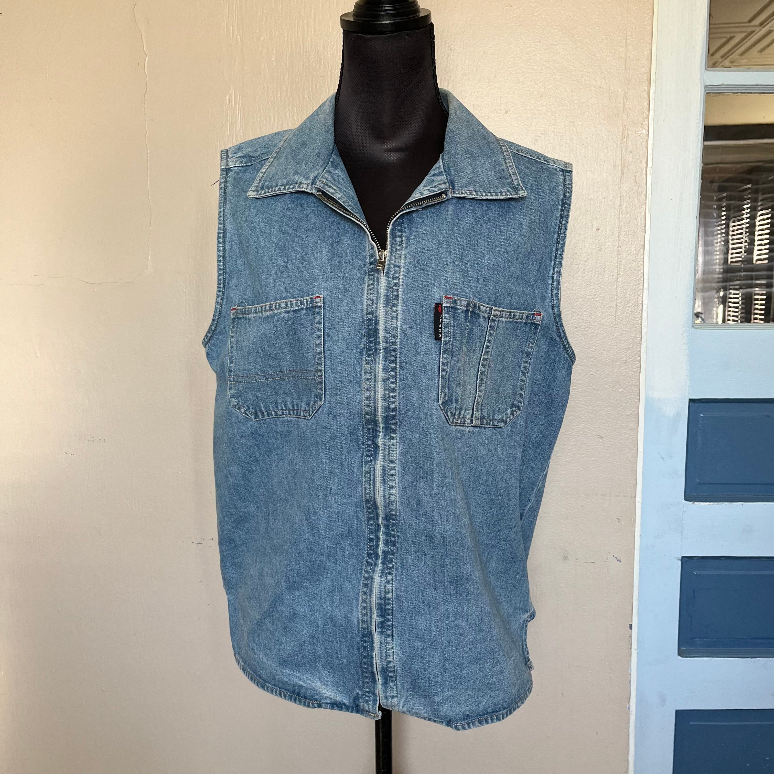 (M) 90s biker zip up denim vest