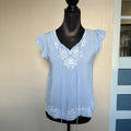 (S) Blue and white pinstripe floral embroidered blouse
