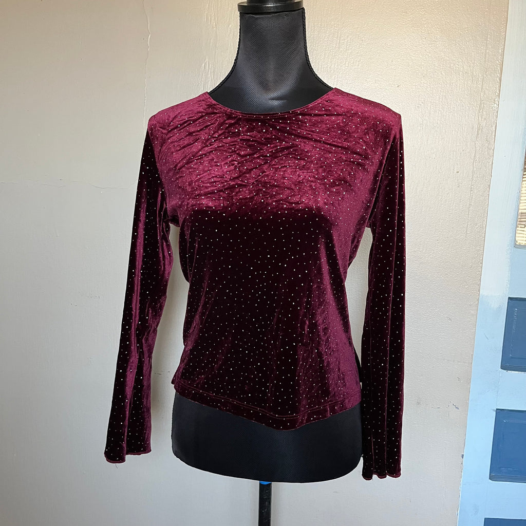 (Petite M) 90s whimsygoth bedazzled glitter burgundy velvet flare sleeve top