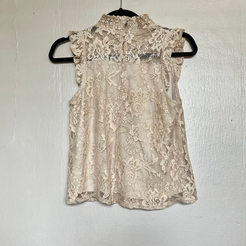 (S) Cream high neck floral lace blouse