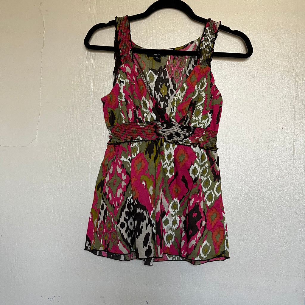 (M) 2000s BCX earthy boho green and pink abstract print tank top
