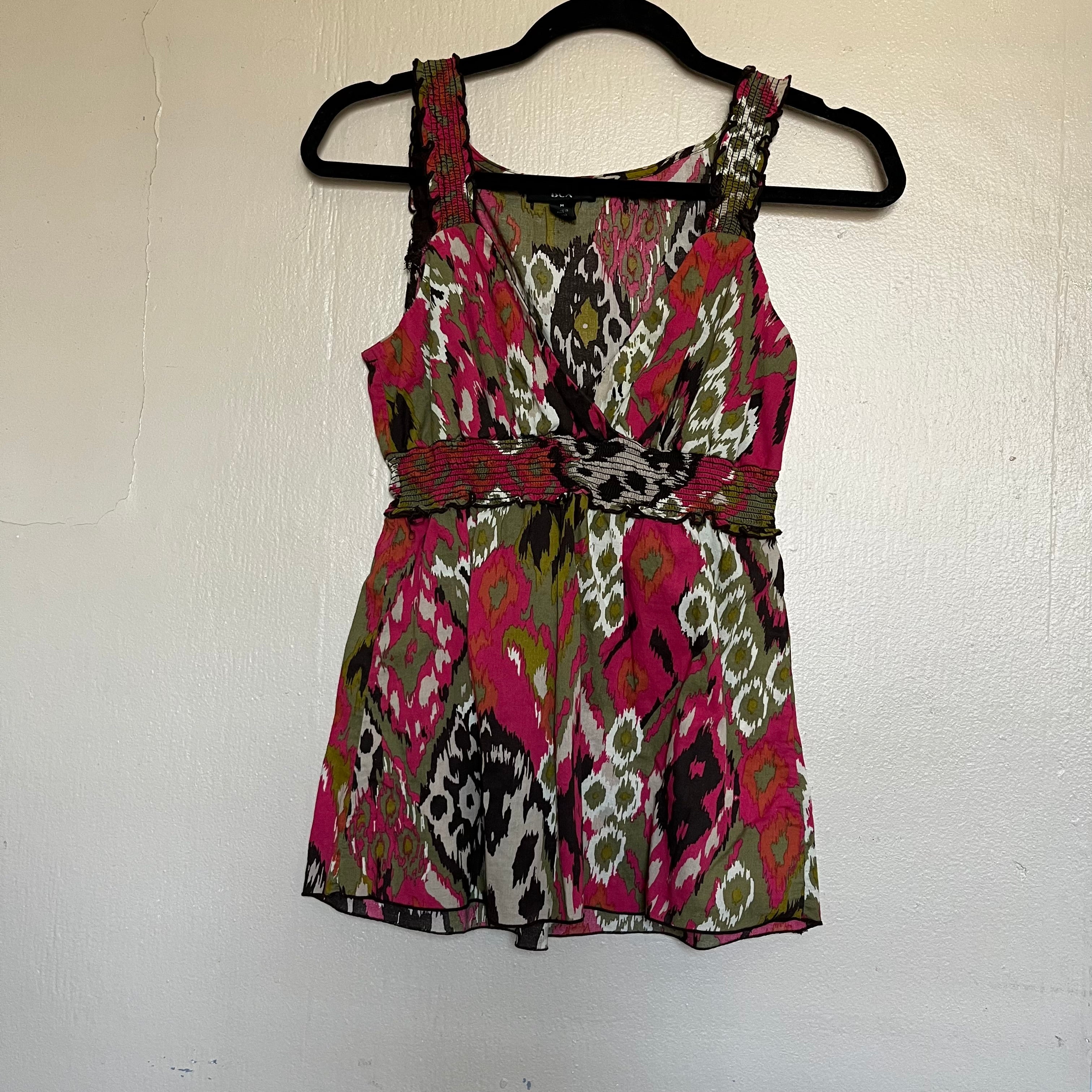 (M) 2000s BCX earthy boho green and pink abstract print tank top