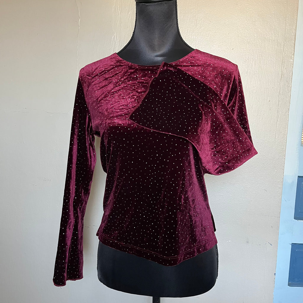 (Petite M) 90s whimsygoth bedazzled glitter burgundy velvet flare sleeve top