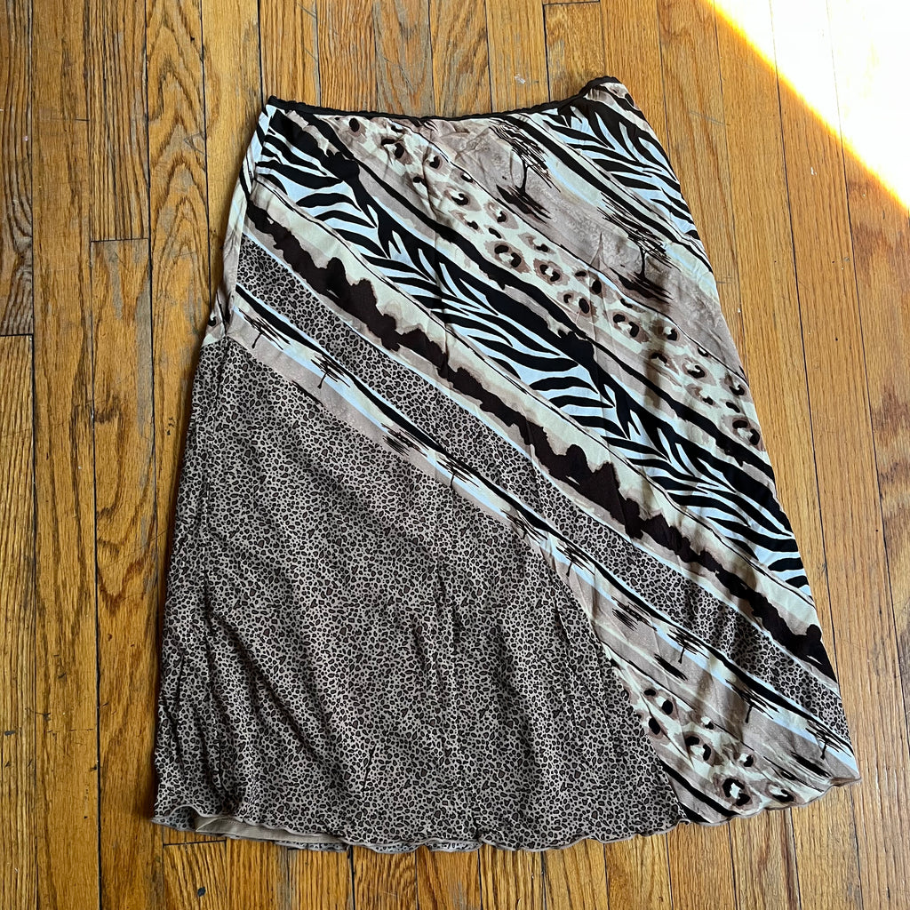 (M) Brown patchwork animal print mid skirt