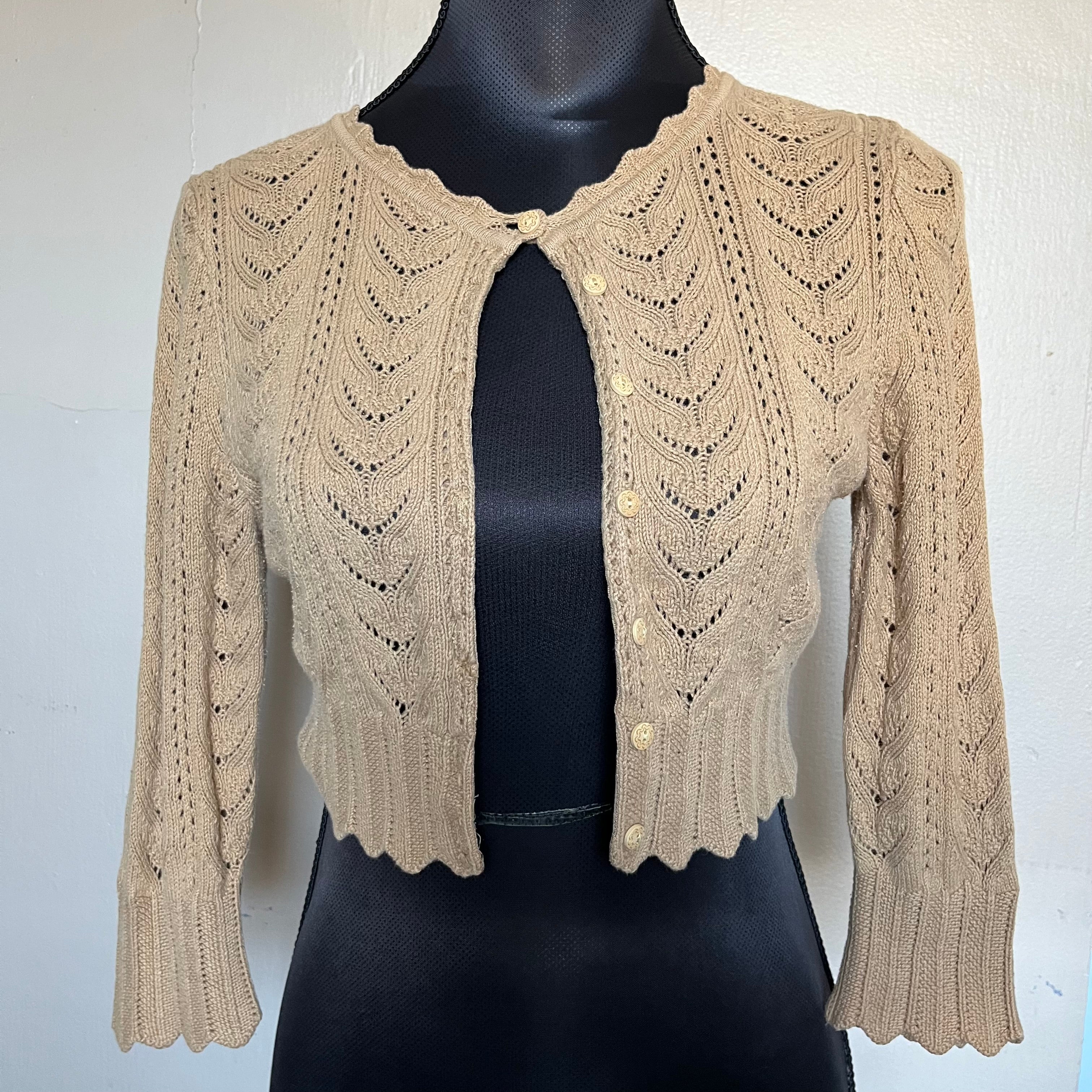 (S) Express tan pointelle knit cropped cardigan sweater