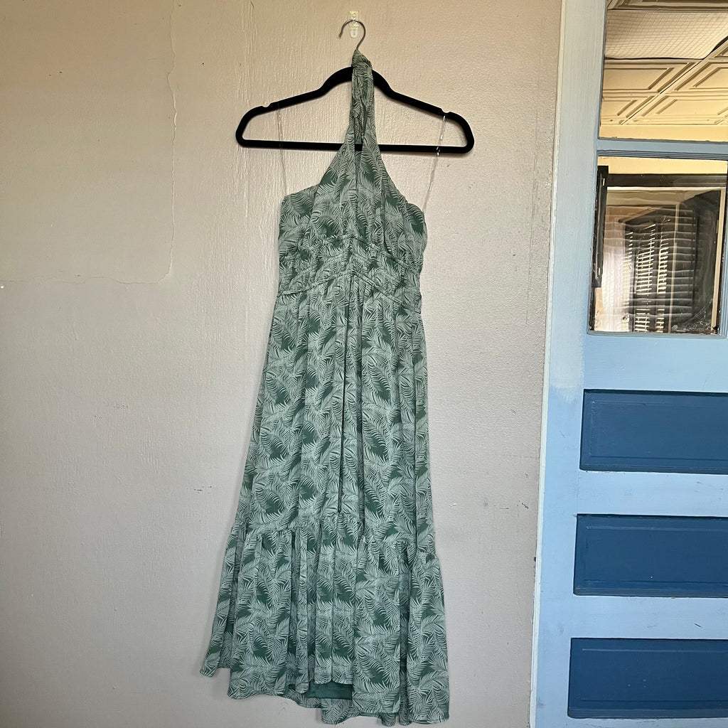 (M) Trixxi green tropical backless halter maxi dress