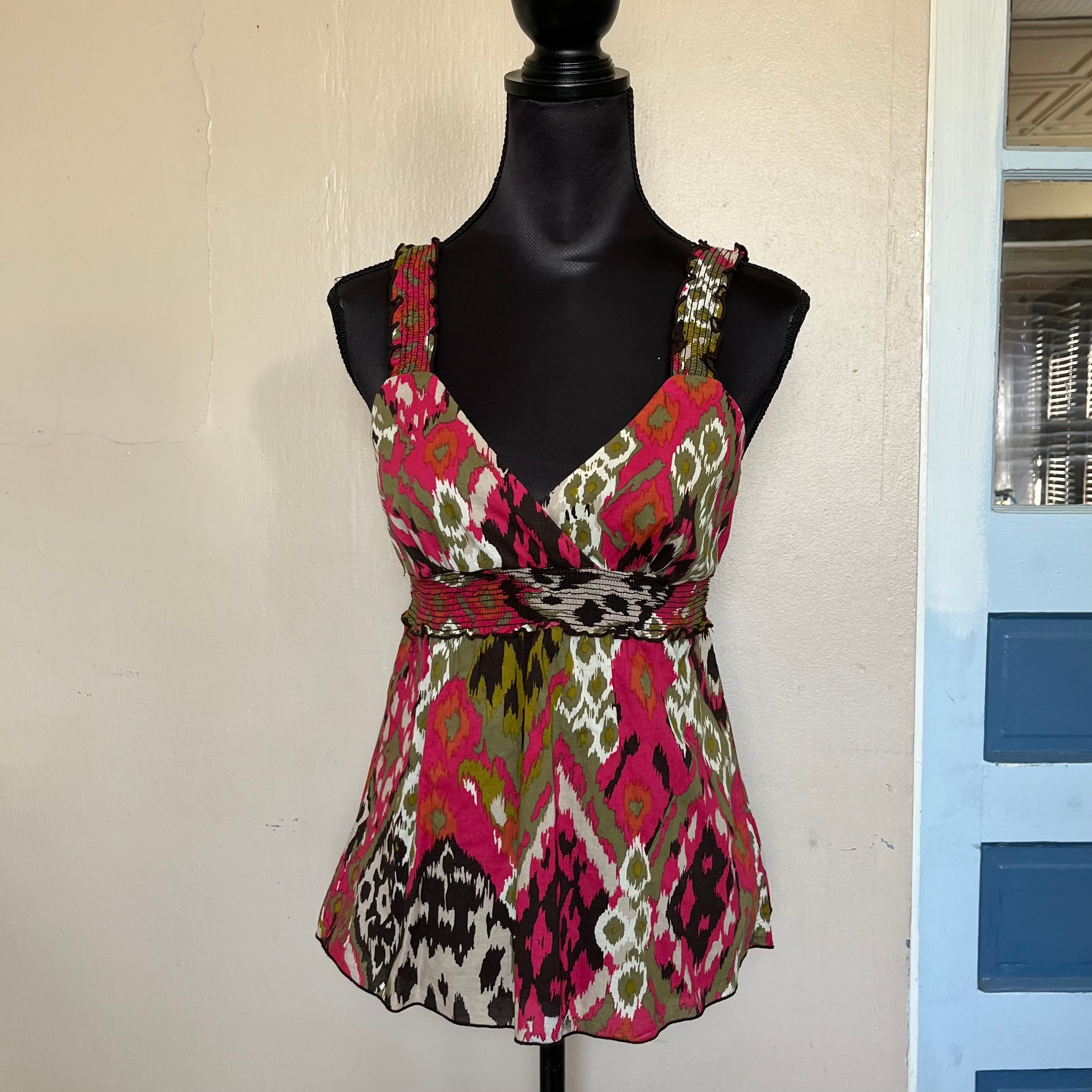 (M) 2000s BCX earthy boho green and pink abstract print tank top