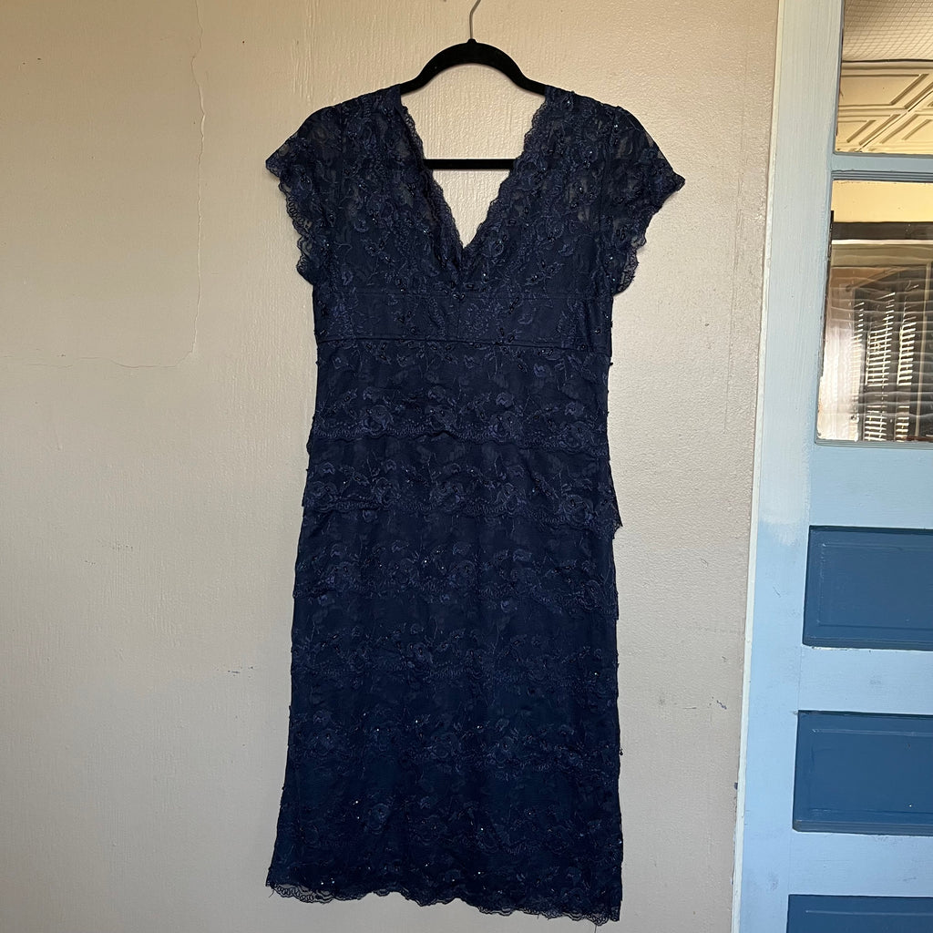 (L) Y2k navy blue beaded lace maxi dress