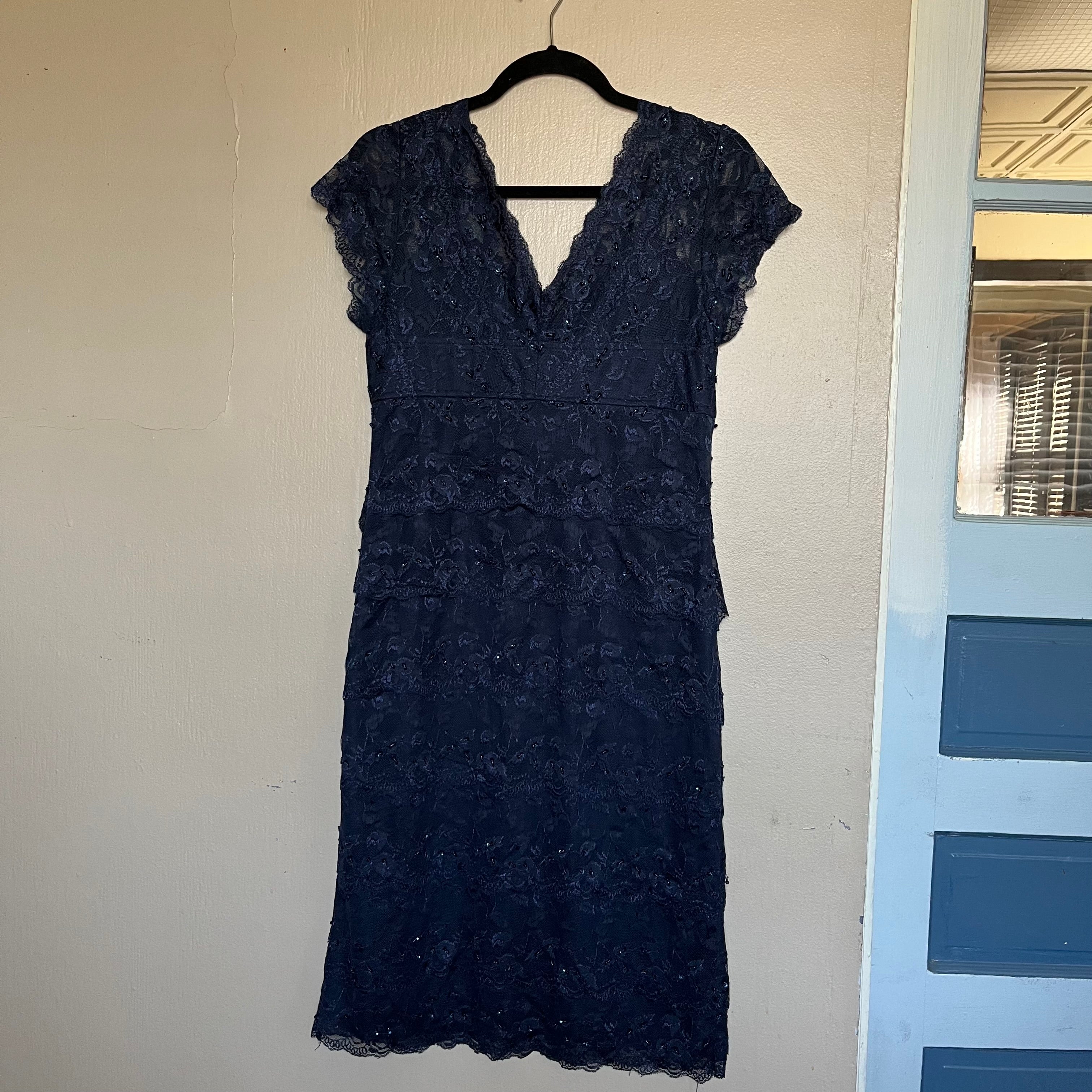 (L) Y2k navy blue beaded lace maxi dress