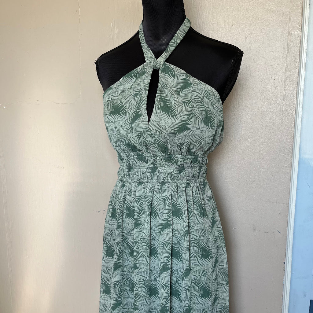 (M) Trixxi green tropical backless halter maxi dress