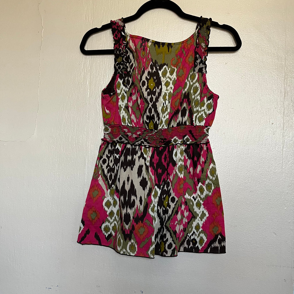 (M) 2000s BCX earthy boho green and pink abstract print tank top