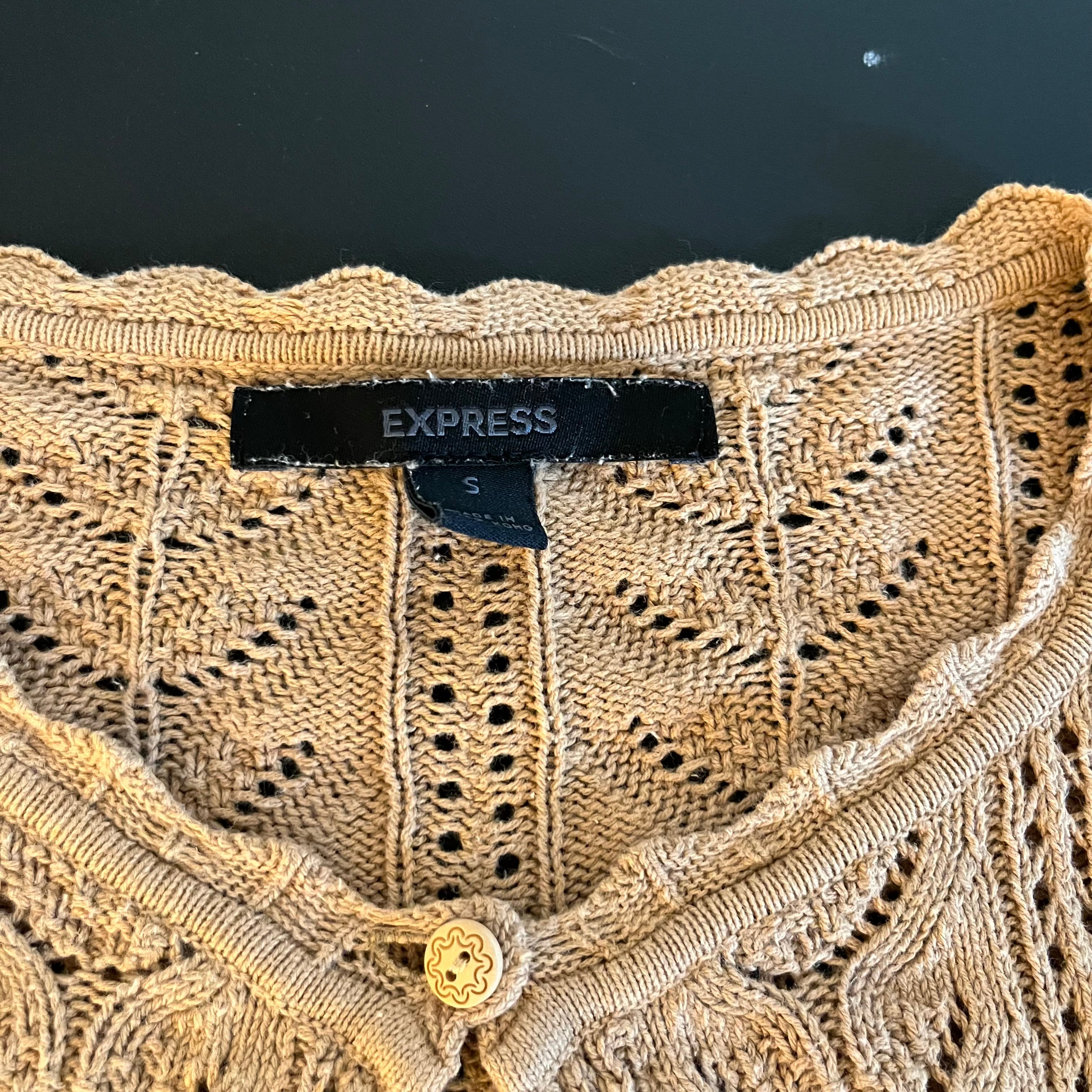 (S) Express tan pointelle knit cropped cardigan sweater
